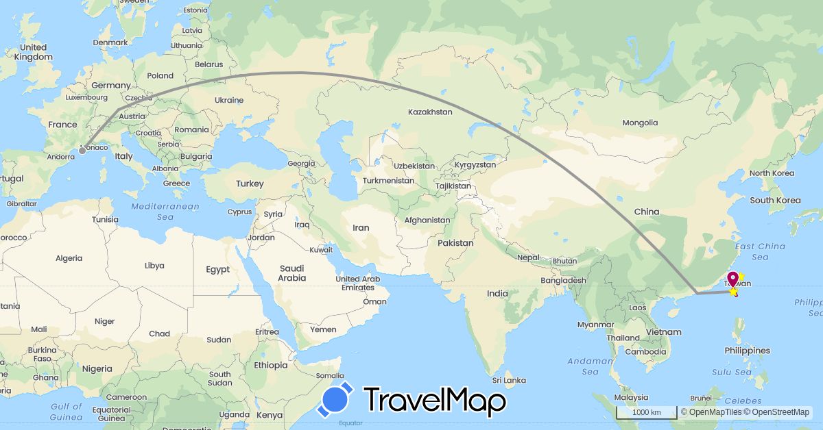 TravelMap itinerary: driving, bus, plane, scooter in China, Germany, France, Taiwan (Asia, Europe)