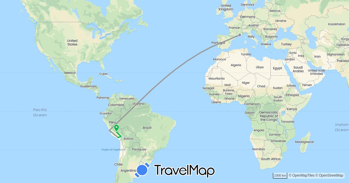 TravelMap itinerary: driving, bus, plane, boat in Spain, France, Peru (Europe, South America)