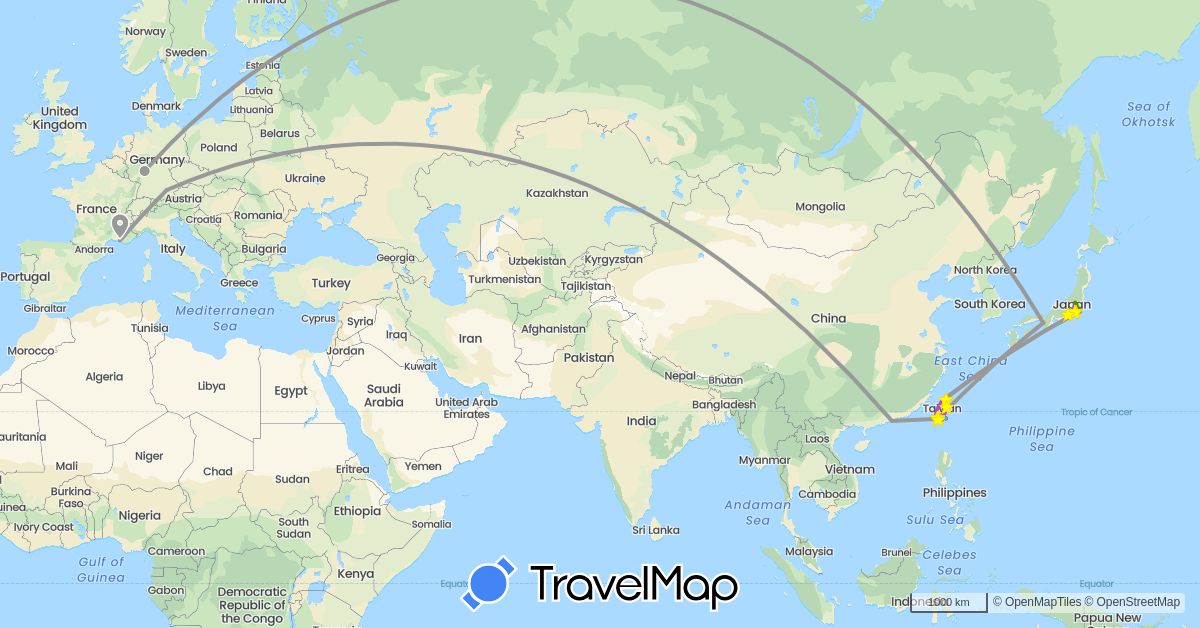 TravelMap itinerary: driving, bus, plane, train, boat, métro, scooter in Germany, France, Hong Kong, Japan, Taiwan (Asia, Europe)